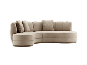 De Stella Bank sectionele bank is een modern beige stuk met een gebogen design, zachte textuur en subtiele stiksels. Hij wordt geleverd met vier bijpassende sierkussens, die strak comfort en eigentijdse elegantie combineren.