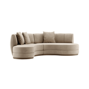 De Stella Bank sectionele bank is een modern beige stuk met een gebogen design, zachte textuur en subtiele stiksels. Hij wordt geleverd met vier bijpassende sierkussens, die strak comfort en eigentijdse elegantie combineren.