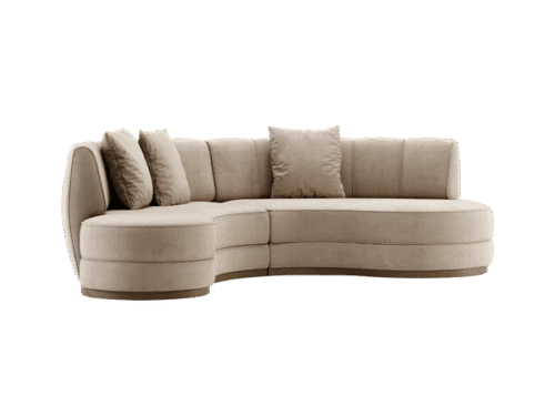 De Stella Bank sectionele bank is een modern beige stuk met een gebogen design, zachte textuur en subtiele stiksels. Hij wordt geleverd met vier bijpassende sierkussens, die strak comfort en eigentijdse elegantie combineren.
