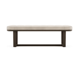 Elegante moderne bank met crèmekleurige bekleding en donker houten onderstel, ideaal voor stijlvol interieur.