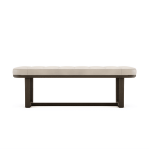Elegante moderne bank met crèmekleurige bekleding en donker houten onderstel, ideaal voor stijlvol interieur.