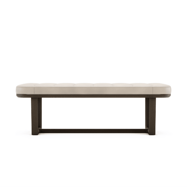 Elegante moderne bank met crèmekleurige bekleding en donker houten onderstel, ideaal voor stijlvol interieur.