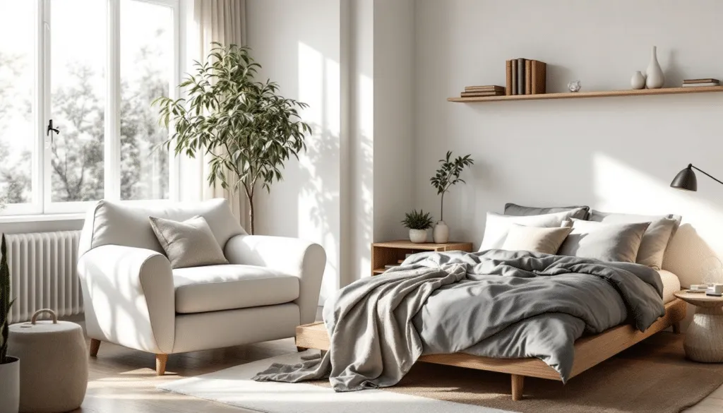 Een comfortabele slaapkamerstoel bij een bed.