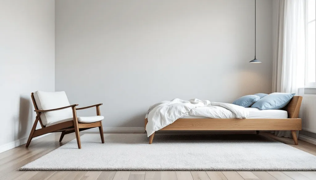 Een stoel geplaatst naast een bed in een slaapkamer.