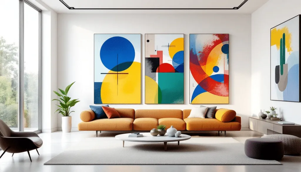Een moderne woonkamer met verschillende moderne schilderijen aan de muur.