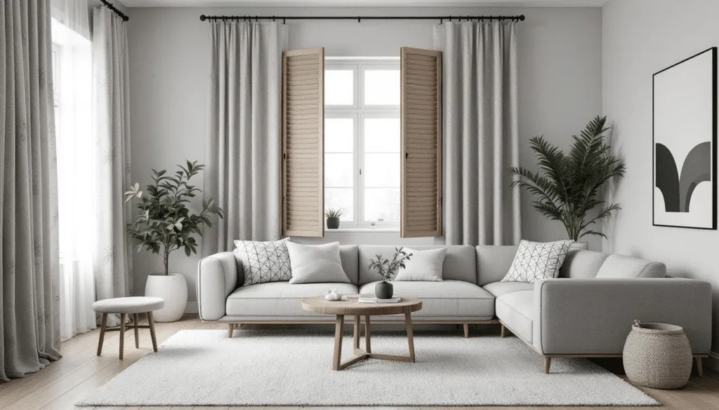Een woonkamer met verschillende soorten behang.