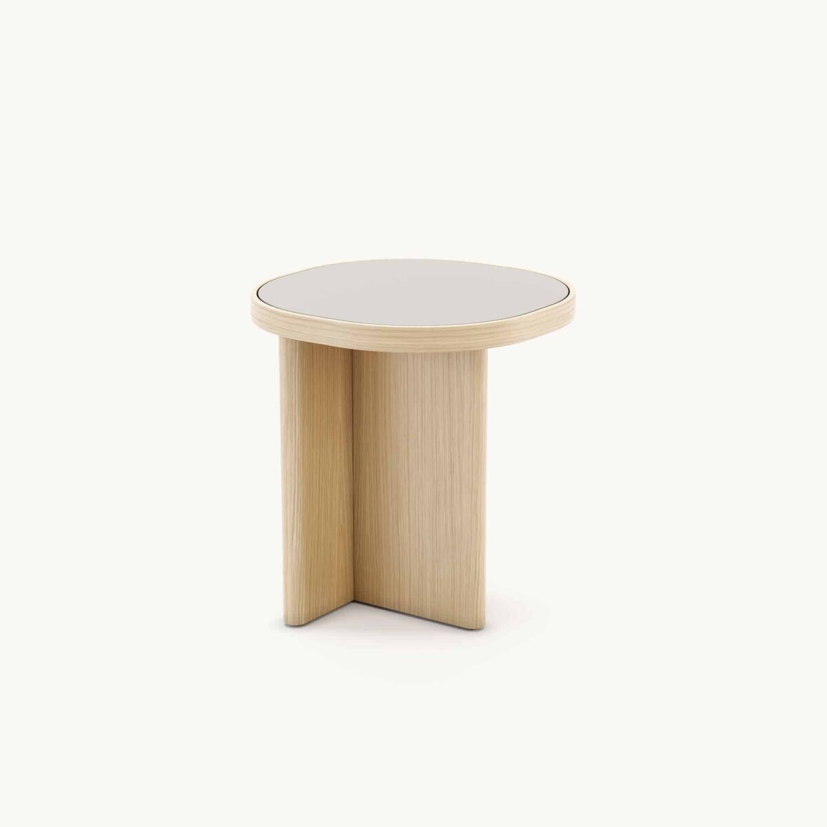 Stijlvolle houten bijzettafel met een moderne rond ontwerp, ideaal voor woonkamer of slaapkamer interieur.