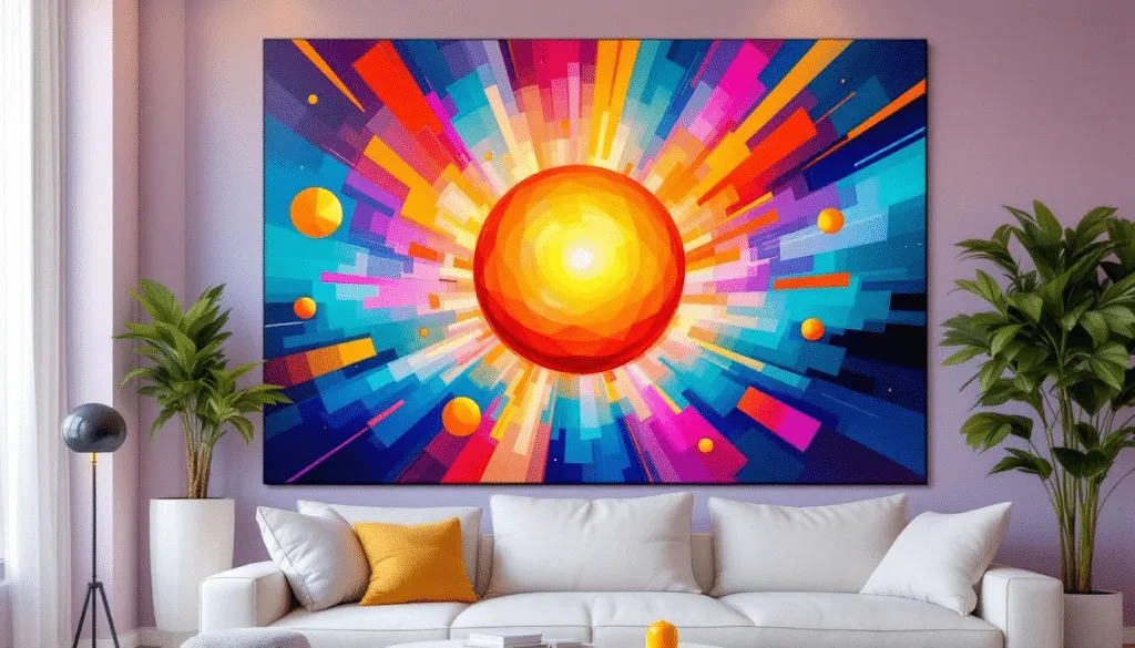 Een kleurrijk woonkamer schilderij dat sfeer toevoegt aan de ruimte.