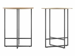 Moderne bijzettafels met metalen frame en houten blad, ideaal voor minimalistische interieurs.