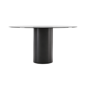 Ronde, moderne zwarte eettafel met glazen blad. Eigentijds ontwerp voor stijlvolle interieurs.
