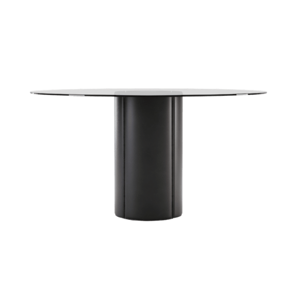 Ronde, moderne zwarte eettafel met glazen blad. Eigentijds ontwerp voor stijlvolle interieurs.