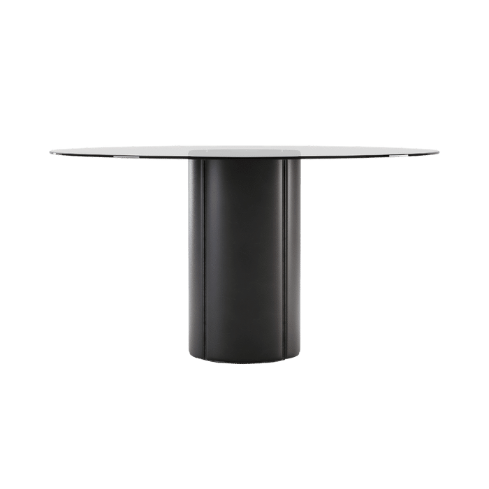 Ronde, moderne zwarte eettafel met glazen blad. Eigentijds ontwerp voor stijlvolle interieurs.
