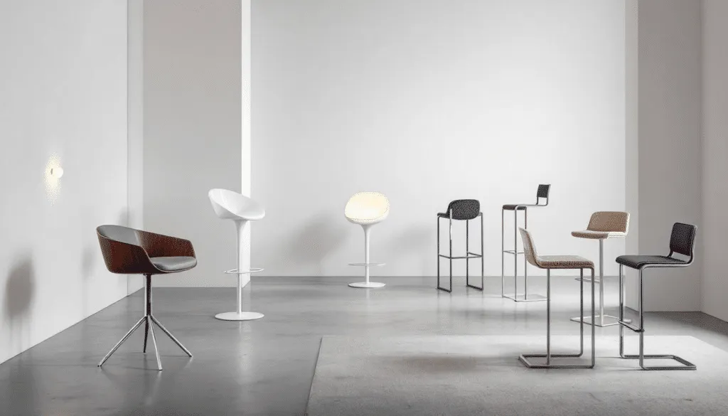 Verschillende stijlen barstoelen in een showroom.
