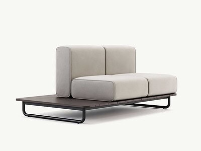 Moderne modulaire sofa met lichtgrijze kussens en donkerhouten platform op metalen frame, minimalistisch design.