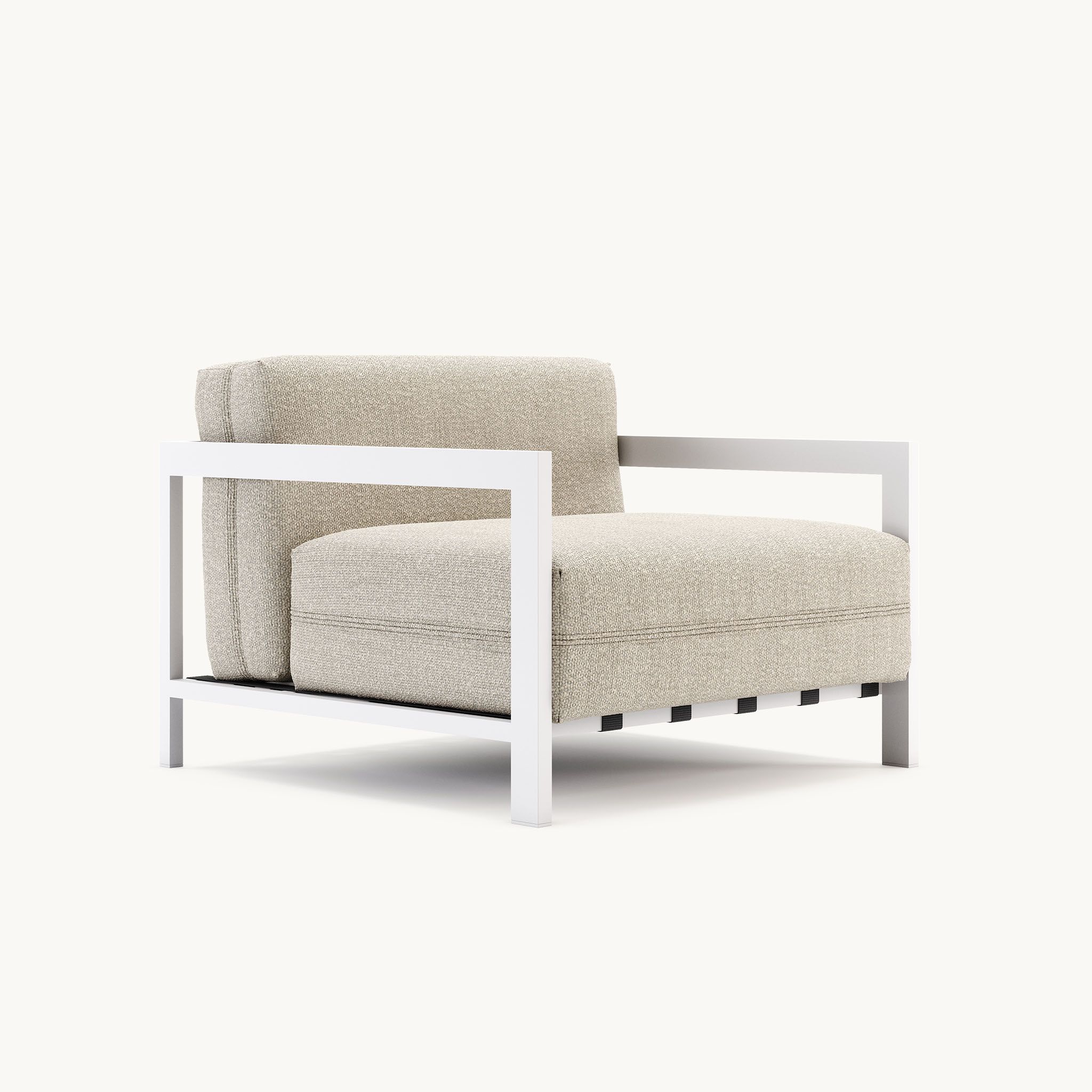 Moderne grijze fauteuil met metalen frame, perfect voor stijlvolle en minimalistische woonkamers.