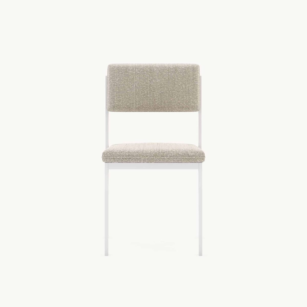 Moderne beige stoel met witte poten, minimalistisch ontwerp voor eigentijdse interieurs. Perfect voor woonkamer of kantoor.