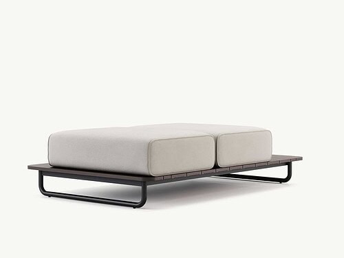 Minimalistisch grijze bank op zwart metalen frame, ideaal voor moderne woonkamers.