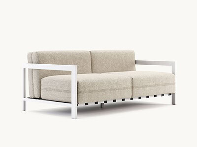 Moderne beige sofa met metalen armleuningen op een witte achtergrond. Perfect voor stijlvolle en comfortabele interieurs.