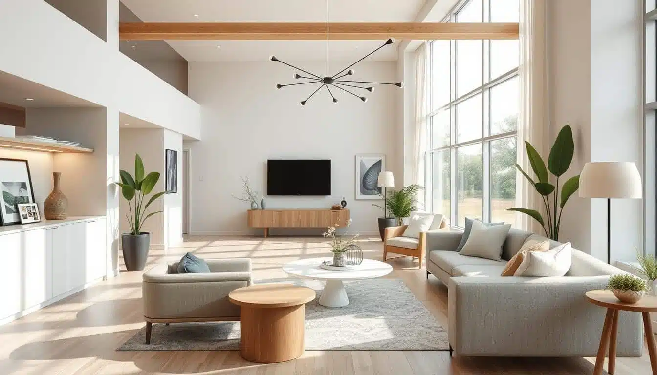 Een moderne woonkamer met hoge ramen, beige banken en een ronde salontafel. Een tv hangt aan de muur boven een houten console. De kamer heeft planten, ingelijste kunstwerken en een opvallende kroonluchter, met natuurlijk licht dat de ruimte binnenstroomt.