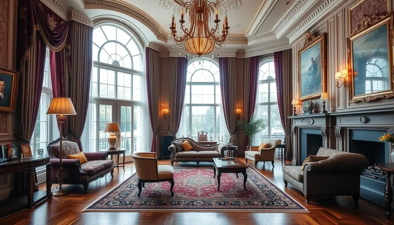 Een luxueuze woonkamer met hoge boogramen, sierlijke gordijnen en een grote kroonluchter. Elegante banken en fauteuils staan rond een patroonkleed. Grote portretten en een open haard dragen bij aan de weelderige sfeer.