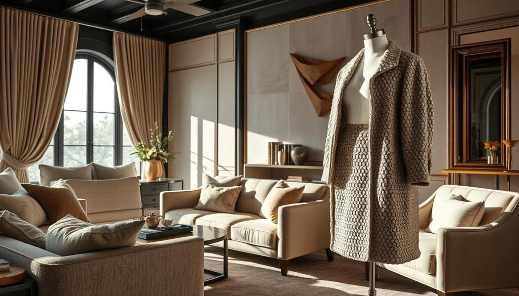 Een stijlvolle woonkamer met beige banken, een groot raam met gordijnen en een paspop die een getextureerd pak toont. Neutrale tinten en zachte verlichting creëren een elegante sfeer.