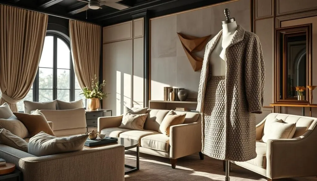 Een stijlvolle woonkamer met beige banken, een groot raam met gordijnen en een paspop die een getextureerd pak toont. Neutrale tinten en zachte verlichting creëren een elegante sfeer.