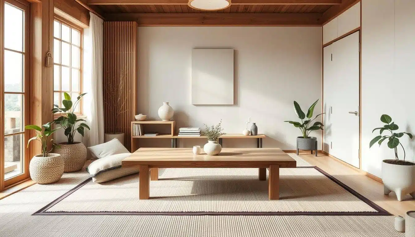 Minimalistische woonkamer met een houten tafel op een groot tapijt, omringd door planten en kussens. Zonlicht stroomt door grote ramen en werpt een warme gloed. Muren zijn versierd met eenvoudige decoraties, wat een serene en uitnodigende sfeer creëert.