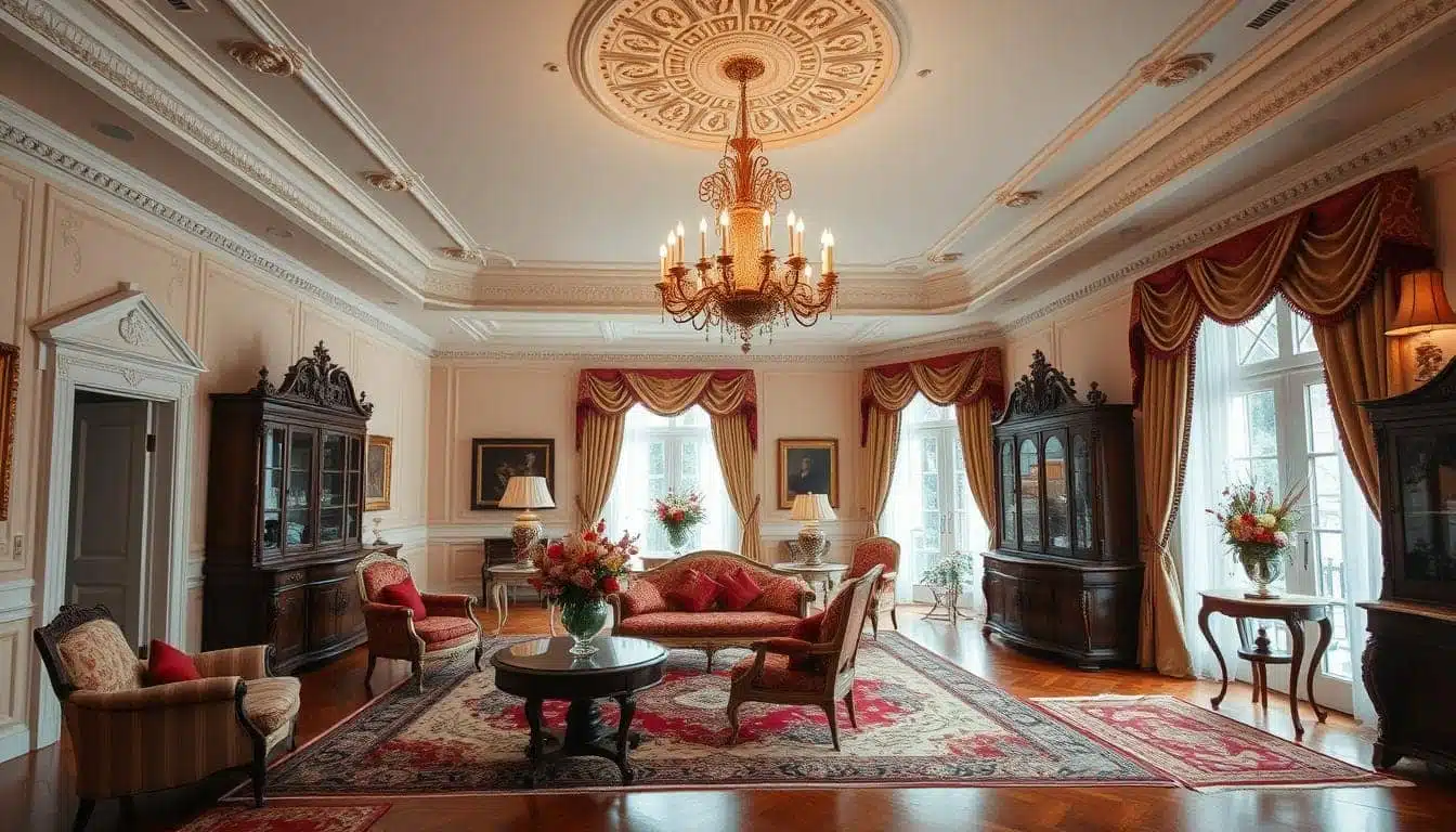 Elegante woonkamer met vintage decor met sierlijk plafond, kroonluchter en boogramen. Klassieke meubels omvatten fauteuils, een salontafel en kasten. Rijke kleuren en een pluchen tapijt versterken het luxueuze gevoel. Bloemen sieren de kamer.