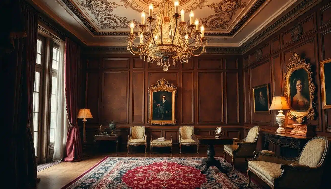 Een luxe, klassieke woonkamer met sierlijke houten muren en een grote kroonluchter. De kamer heeft portretten, elegant meubilair, hoge ramen met rode gordijnen en een rijkelijk gepatroneerd rood en blauw tapijt. Zachte, warme verlichting draagt bij aan de ambiance.
