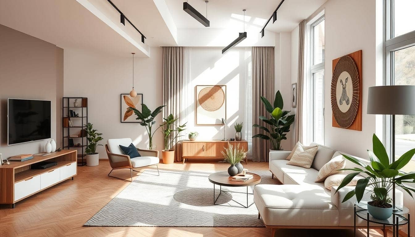Een moderne woonkamer met een witte bank, houten meubels en grote ramen die natuurlijk licht binnenlaten. De ruimte heeft potplanten, ingelijste kunstwerken aan de muren en een ronde salontafel op een patroonkleed.