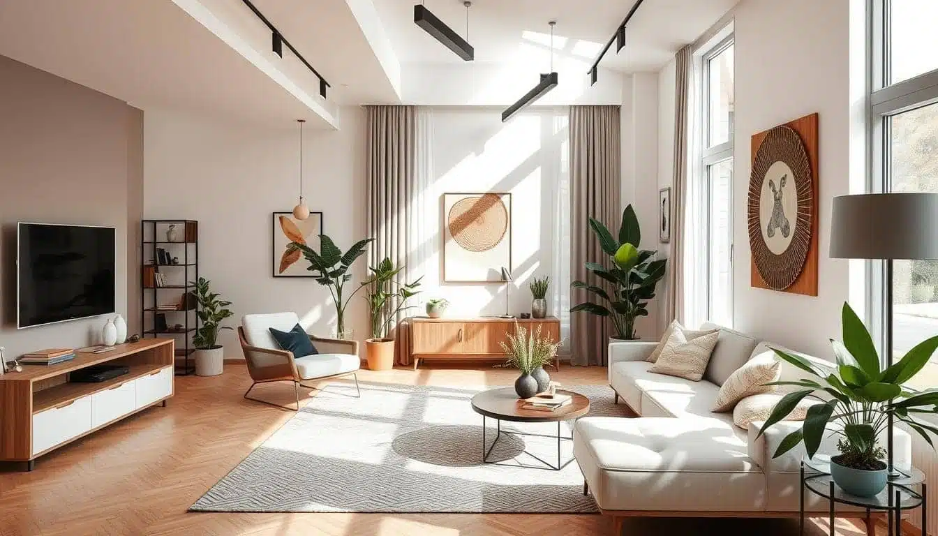 Een moderne woonkamer met een witte bank, houten meubels en grote ramen die natuurlijk licht binnenlaten. De ruimte heeft potplanten, ingelijste kunstwerken aan de muren en een ronde salontafel op een patroonkleed.