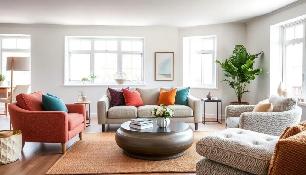 Een lichte woonkamer met grote ramen, twee banken en een fauteuil met patroon. Een ronde salontafel met boeken en een vaas staat op een oranje kleed. Een grote plant en kleurrijke kussens voegen levendigheid toe aan het neutrale decor.