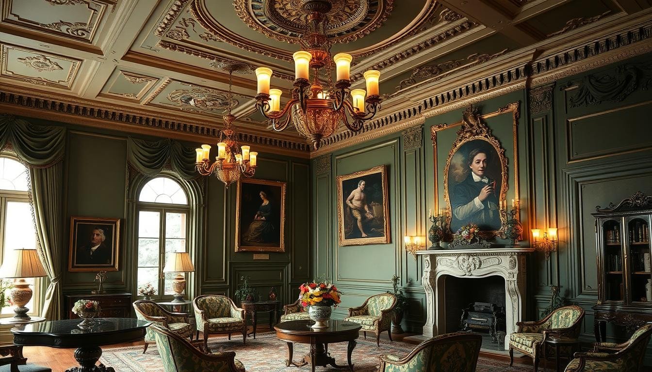 Een weelderige kamer in Victoriaanse stijl met sierlijke kroonluchters, grote schilderijen op groene muren en een ingewikkeld gesneden open haard. De kamer beschikt over vintage fauteuils, een ronde tafel met een bloemstuk als middelpunt en gordijnen voor ramen die natuurlijk licht binnenlaten.