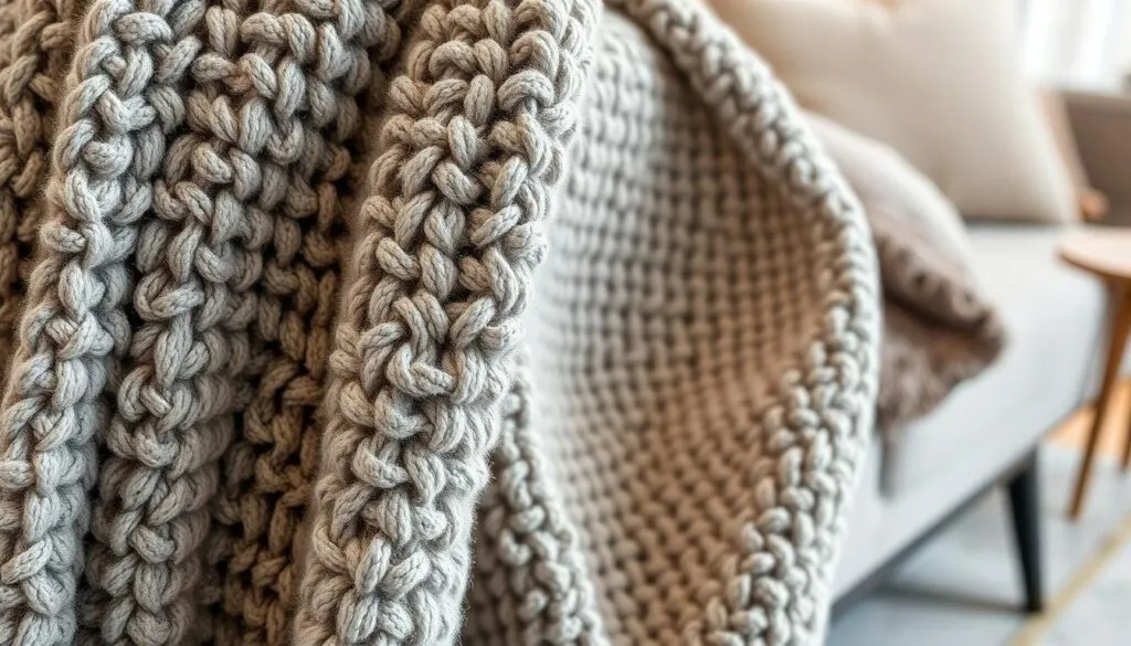 Een close-up van een dikke, grof gebreide beige deken gedrapeerd over de arm van een lichtgekleurde bank. De gedetailleerde textuur van de steken is zichtbaar, wat een gezellige en uitnodigende sfeer creëert.