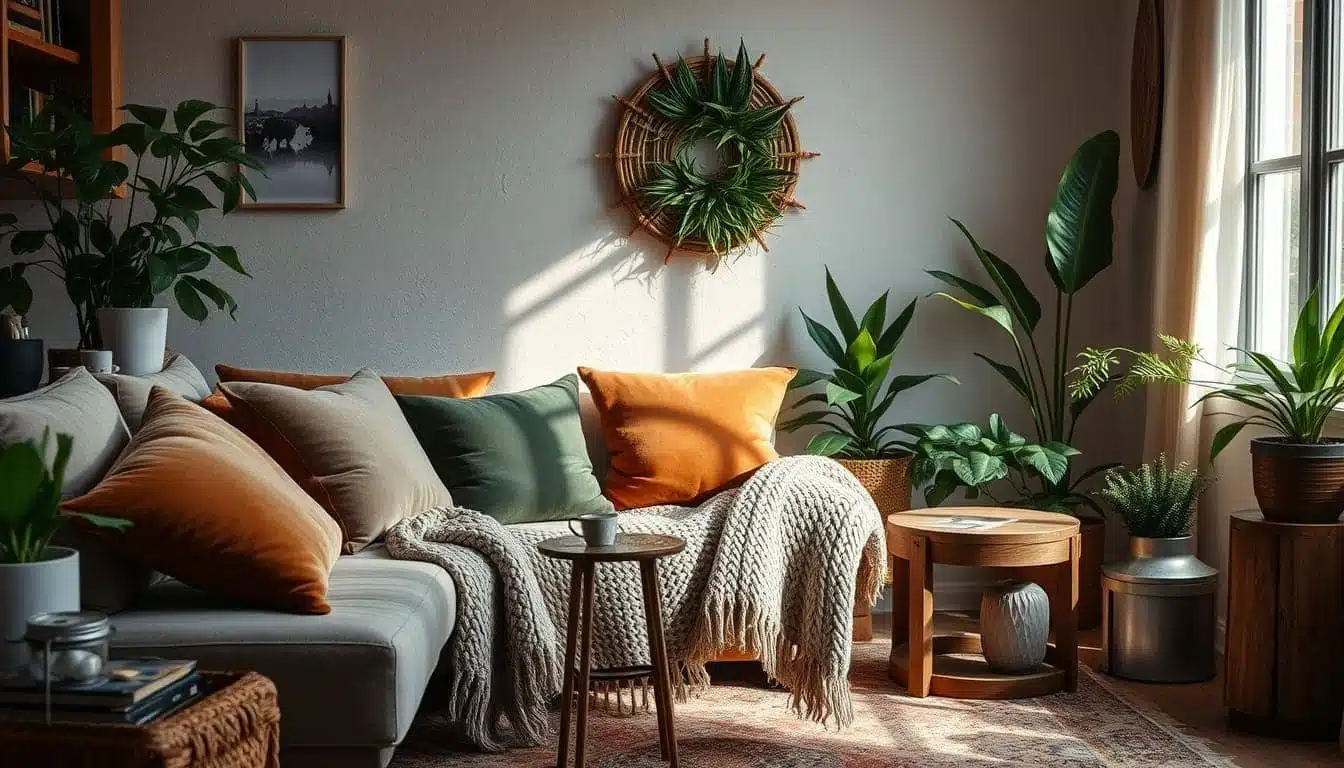 Een gezellige woonkamer met een witte bank versierd met oranje en groene kussens. Een gebreide deken hangt over de bank. De kamer heeft verschillende potplanten, een houten salontafel en een ronde wanddecoratie met planten. Zonlicht stroomt door een raam naar binnen.