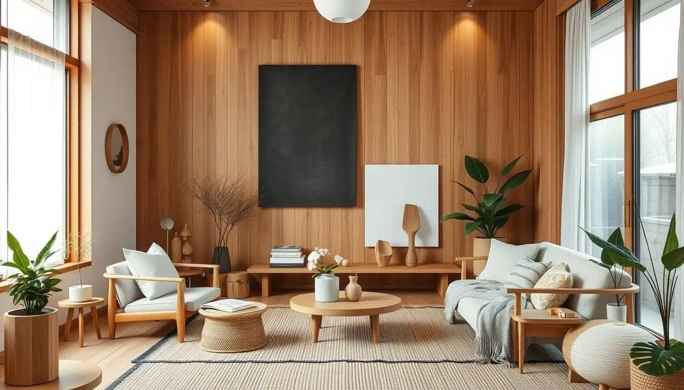 Een gezellige woonkamer met houten wanden en grote ramen. Het beschikt over minimalistische meubels, waaronder een crèmekleurige bank, ronde salontafel en fauteuils. Er zijn planten, een rond tapijt en moderne kunst aan de muur om de rustige setting compleet te maken.