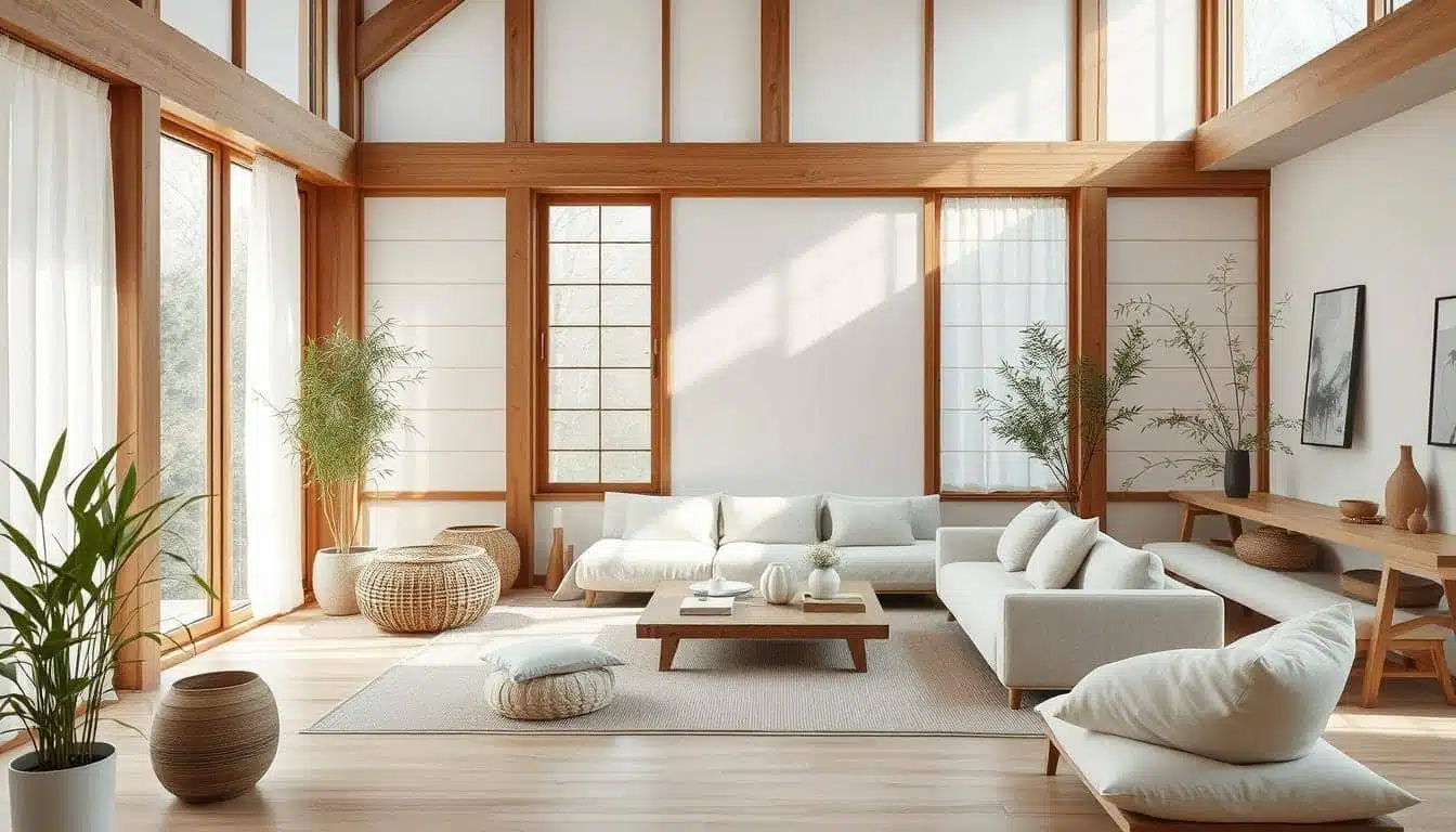 Een ruime, zonnige woonkamer met grote ramen, een lichtgrijze hoekbank, geweven poefs en een houten salontafel op een beige kleed. Potplanten zorgen voor groen en minimalistische kunst siert de muren. Natuurlijke houten balken omlijsten de ruimte.