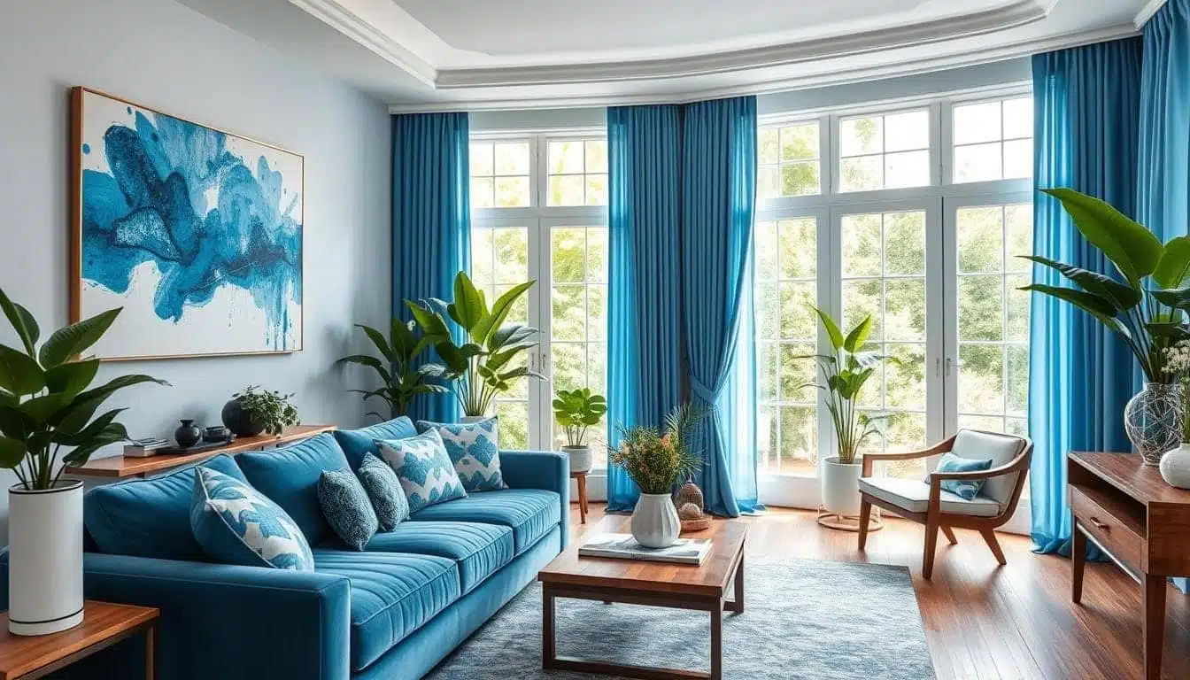 Een moderne woonkamer met grote ramen, blauwe gordijnen en een blauwe bank versierd met kussens met patronen. Houten meubels en groene potplanten complementeren het decor, met een blauw abstract schilderij aan de muur. Licht stroomt de kamer binnen.