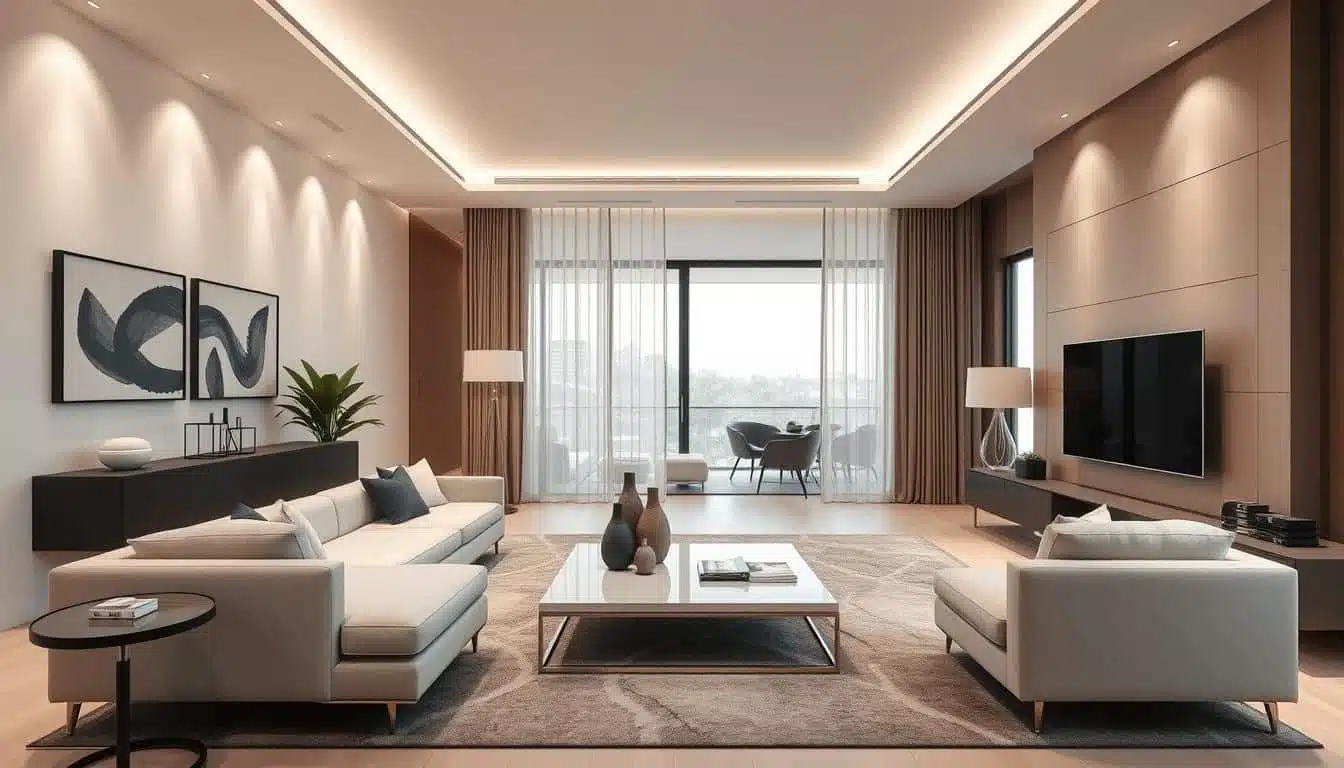 Een moderne woonkamer met strak meubilair, waaronder twee banken, een salontafel en een grote flatscreen-tv. Kunstwerken sieren de muren en grote ramen met doorzichtige gordijnen bieden uitzicht op een balkon en het stadsgezicht daarachter.
