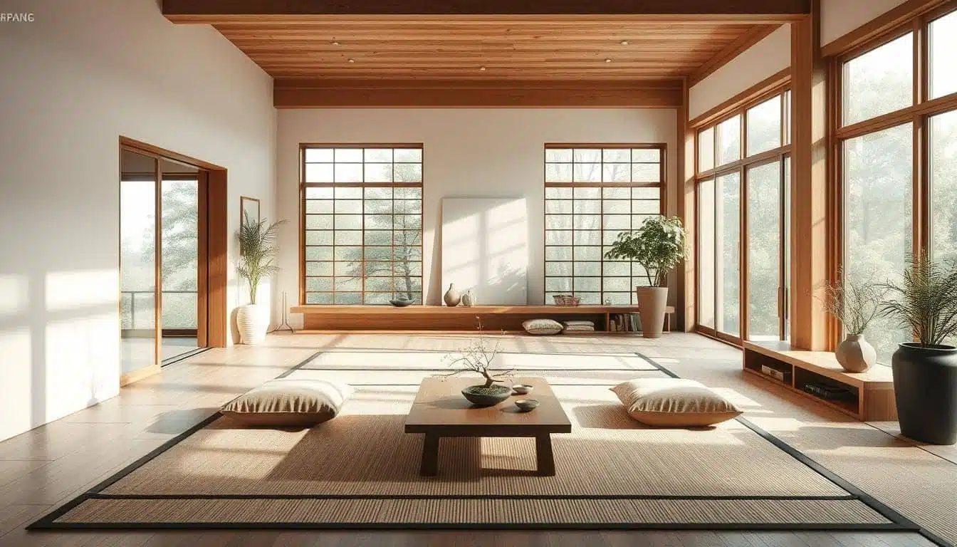 Een serene, zonnige kamer met grote ramen en houten balken. Het beschikt over tatami-matten, een lage houten tafel en potplanten. Het minimalistische ontwerp en de natuurlijke elementen creëren een vredige, Zen-geïnspireerde sfeer.