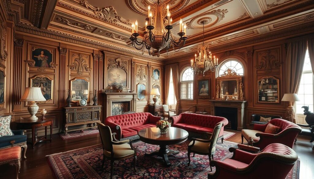 Versierde kamer met gebeeldhouwde houten muren, kroonluchters en rood gestoffeerd meubilair. Portretten en schilderijen sieren de muren. Grote ramen met gordijnen laten natuurlijk licht binnen, wat een centrale ronde tafel en stoelen met kussens benadrukt.