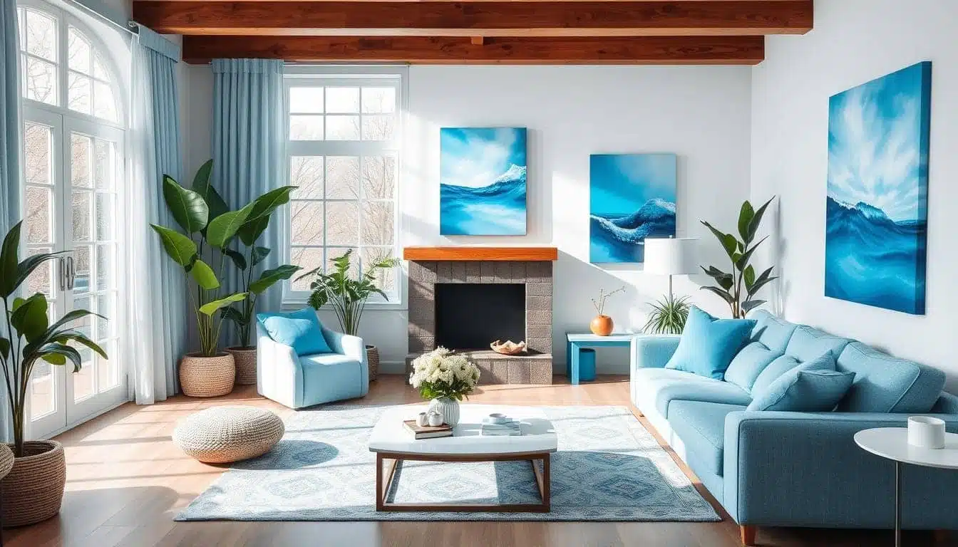 Een lichte woonkamer met een blauw thema met een bank, fauteuil en schilderijen. Grote ramen zorgen voor natuurlijk licht om de ruimte te verlichten. Potplanten zorgen voor groen en een open haard dient als een gezellig middelpunt.