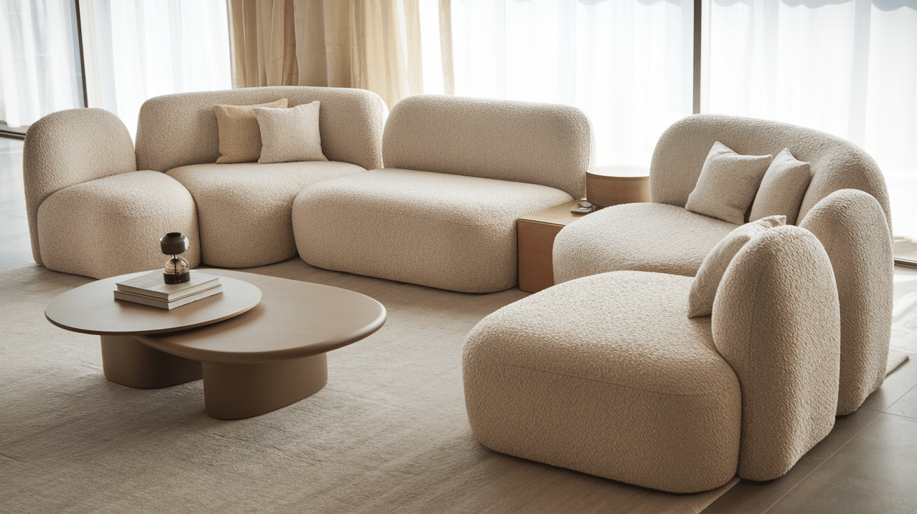 Een moderne woonkameropstelling met een pluche beige hoekbank met bijpassende kussens en een ronde salontafel. Het meubilair staat op een lichtgekleurd tapijt, met grote ramen op de achtergrond die natuurlijk licht binnenlaten.