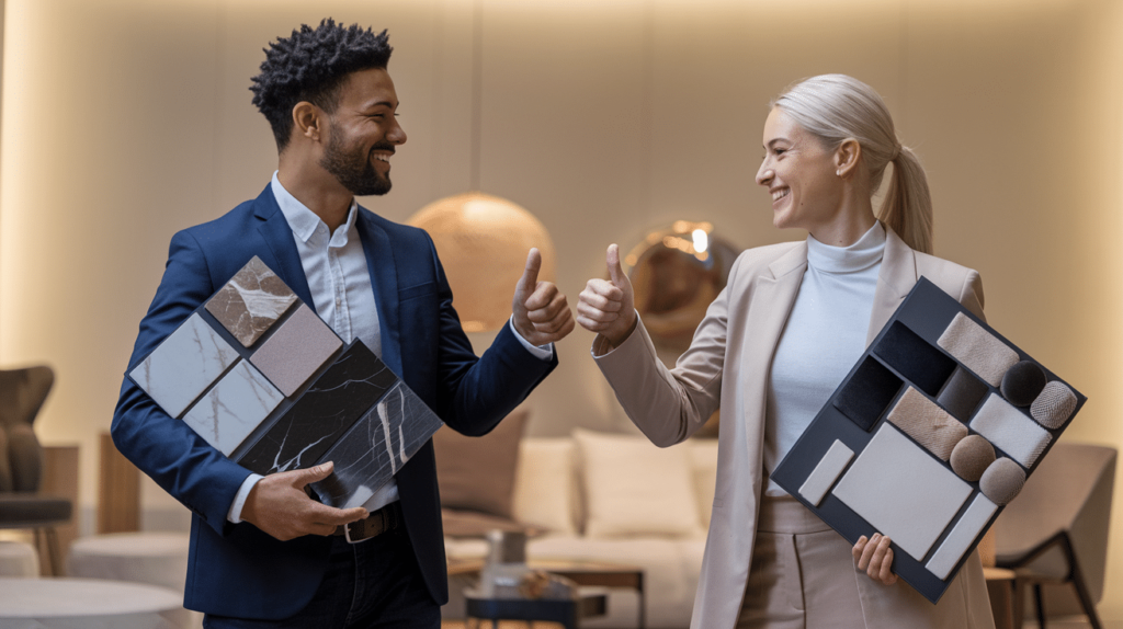Twee mensen in zakelijke kleding staan binnen, lachend en met hun duimen omhoog. Ze houden stalenborden vast met verschillende tegels en stoffen, waarschijnlijk om interieurontwerp of decoropties te bespreken. Een moderne, zacht verlichte kamer is op de achtergrond.