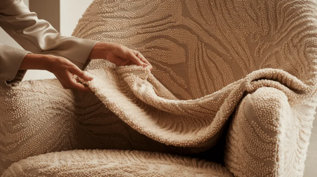 Een persoon past de beige textuurstof van een fauteuil aan. De stof heeft een verhoogd, wervelend patroon, wat een elegante toets toevoegt aan het ontwerp van de stoel. De persoon draagt een lichtgekleurd, langmouwen shirt.
