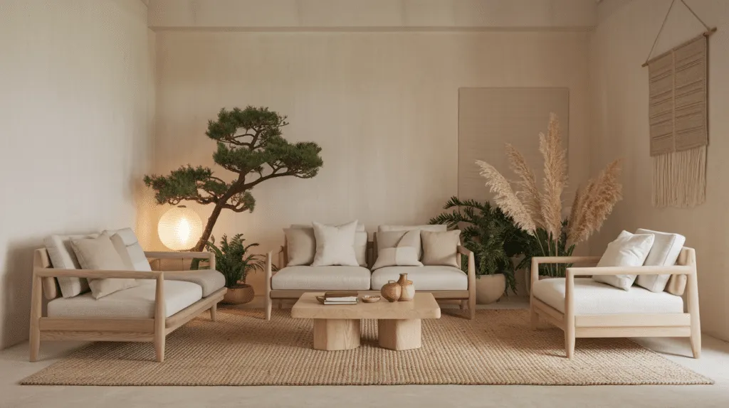 Een gezellige, minimalistische woonkamer met houten meubels, beige kussens, een kleine salontafel en een geweven kleed. Een bonsaiboom en pampasgras voegen groen toe. Een ronde, warm verlichte lamp en een geweven wandkleed maken de serene ambiance compleet.