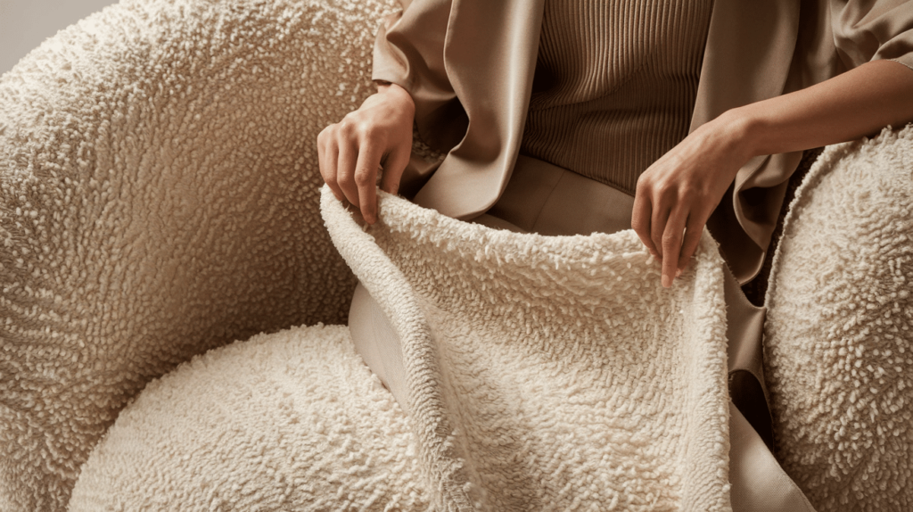 Een persoon strijkt zachtjes een donzige, crèmekleurige, getextureerde deken over een bijpassende fauteuil. De persoon is gekleed in een beige outfit en de scène geeft een gevoel van comfort en gezelligheid.