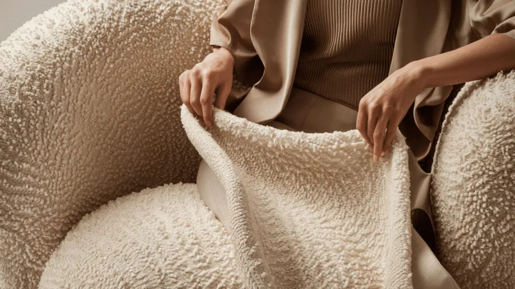 Een persoon strijkt zachtjes een donzige, crèmekleurige, getextureerde deken over een bijpassende fauteuil. De persoon is gekleed in een beige outfit en de scène geeft een gevoel van comfort en gezelligheid.