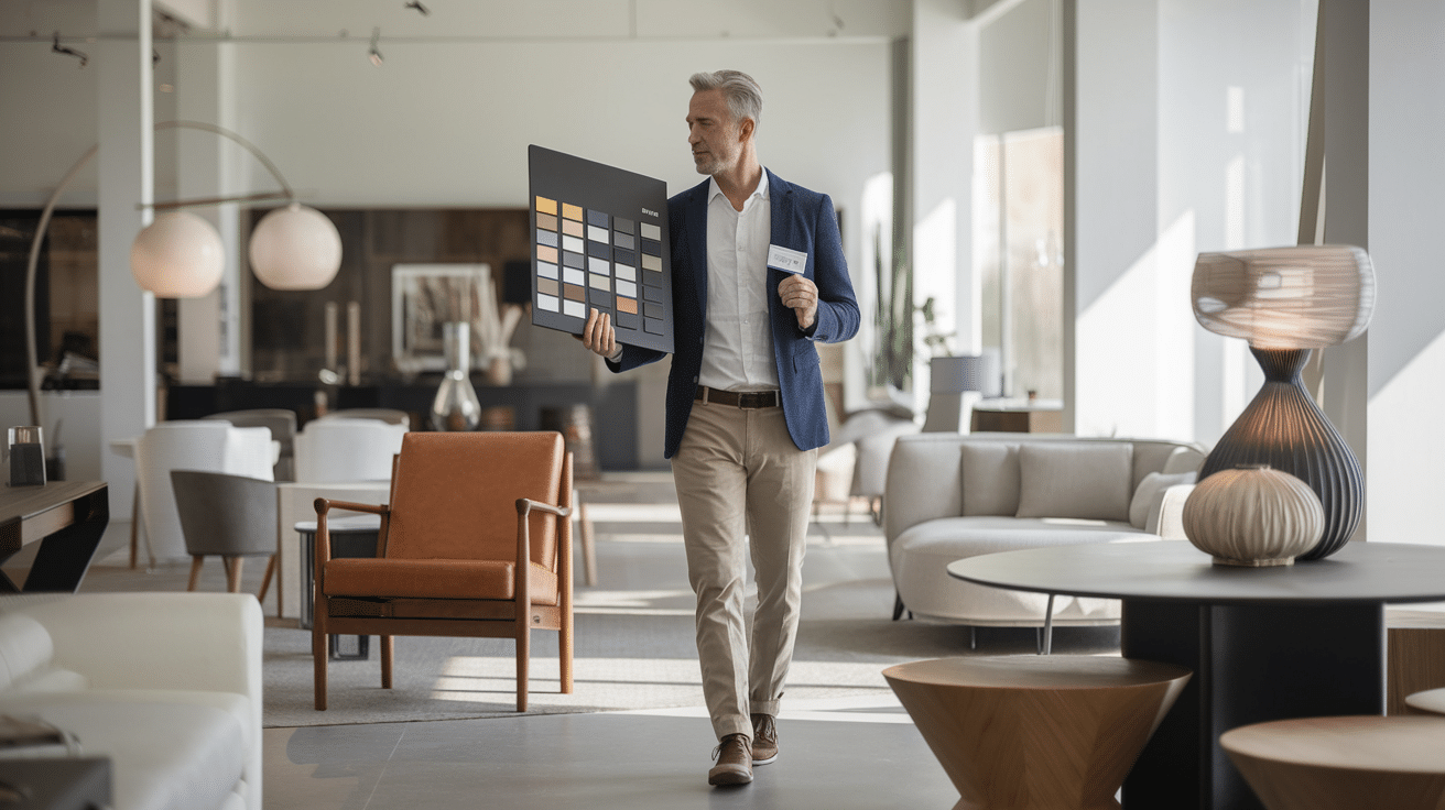Een man met grijs haar loopt door een moderne meubelshowroom met een kleurenstalenboek en een kopje in zijn hand. De kamer heeft verschillende stoelen, tafels en verlichting, met natuurlijk licht dat door grote ramen naar binnen stroomt.