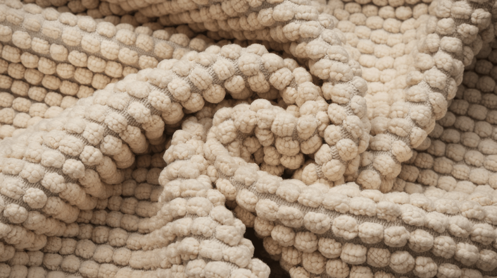 Close-up van een beige, gebreide deken met textuur en een grof, bobbelachtig patroon. De stof is gevouwen en gedrapeerd, waardoor zachte, golvende vormen ontstaan.